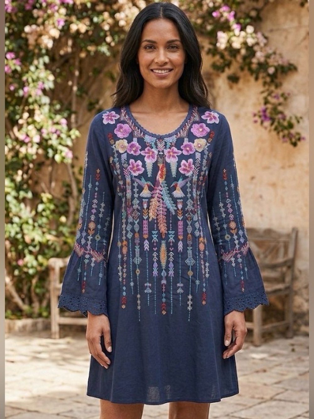 Johnny Was Embroidered Lulu Hummingbirds Tunic/ Mini Dress size XLP scoop neck